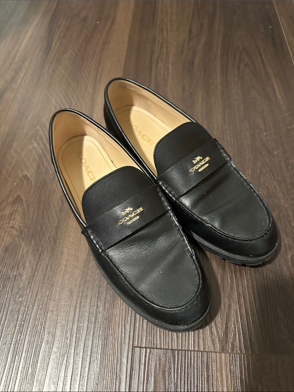 Coach Black Leather Penny Loafers with Gold Logo